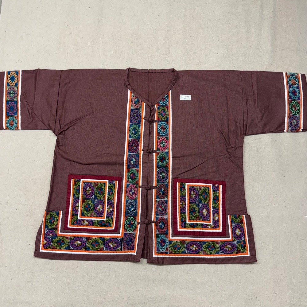 Hmong Traditional Mens Shirt Brown Embroidered Frog Button Cultural Top 7500